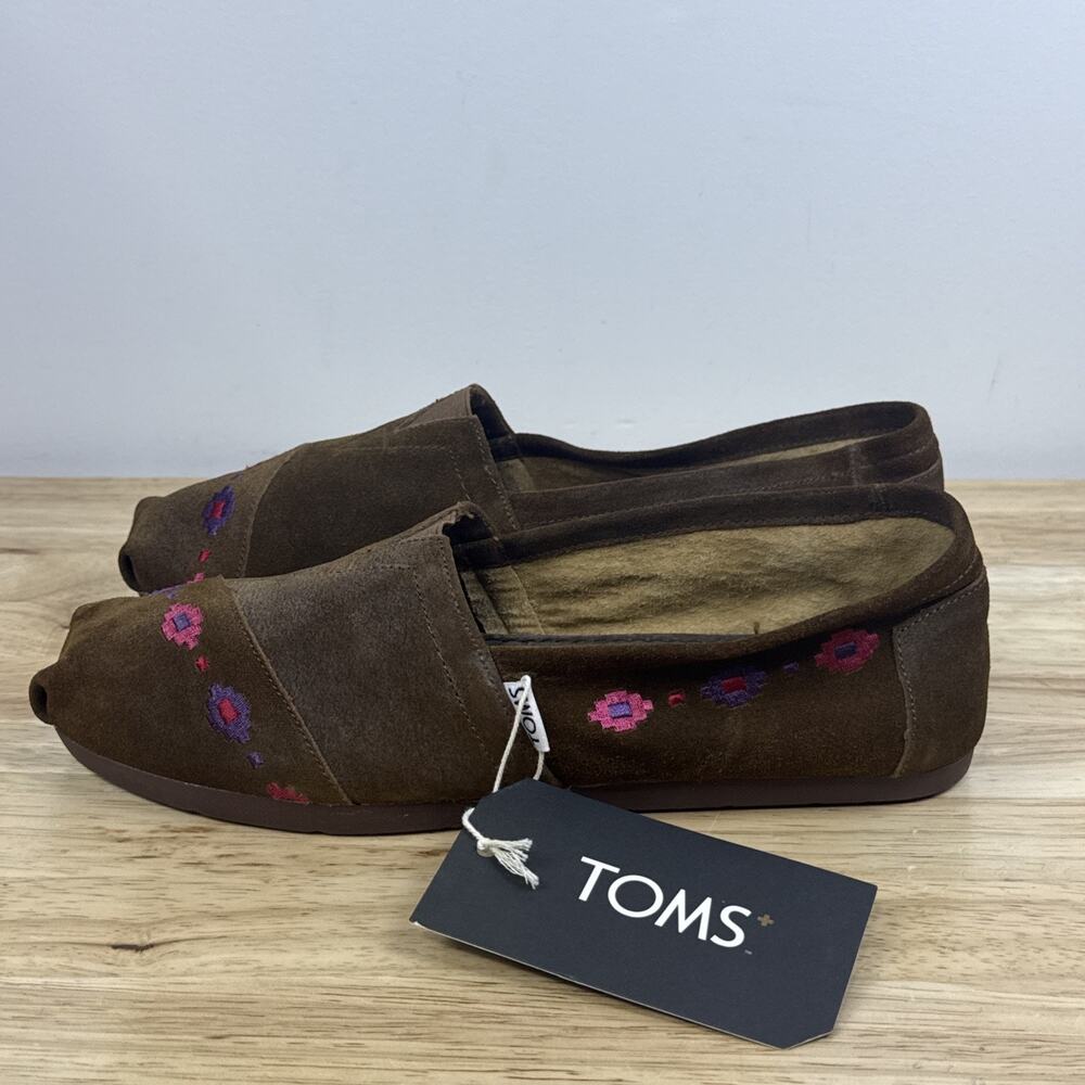 TOMS Womens 8M Alpargata Slip On Loafer Brown Suede Embroidered Floral Flat